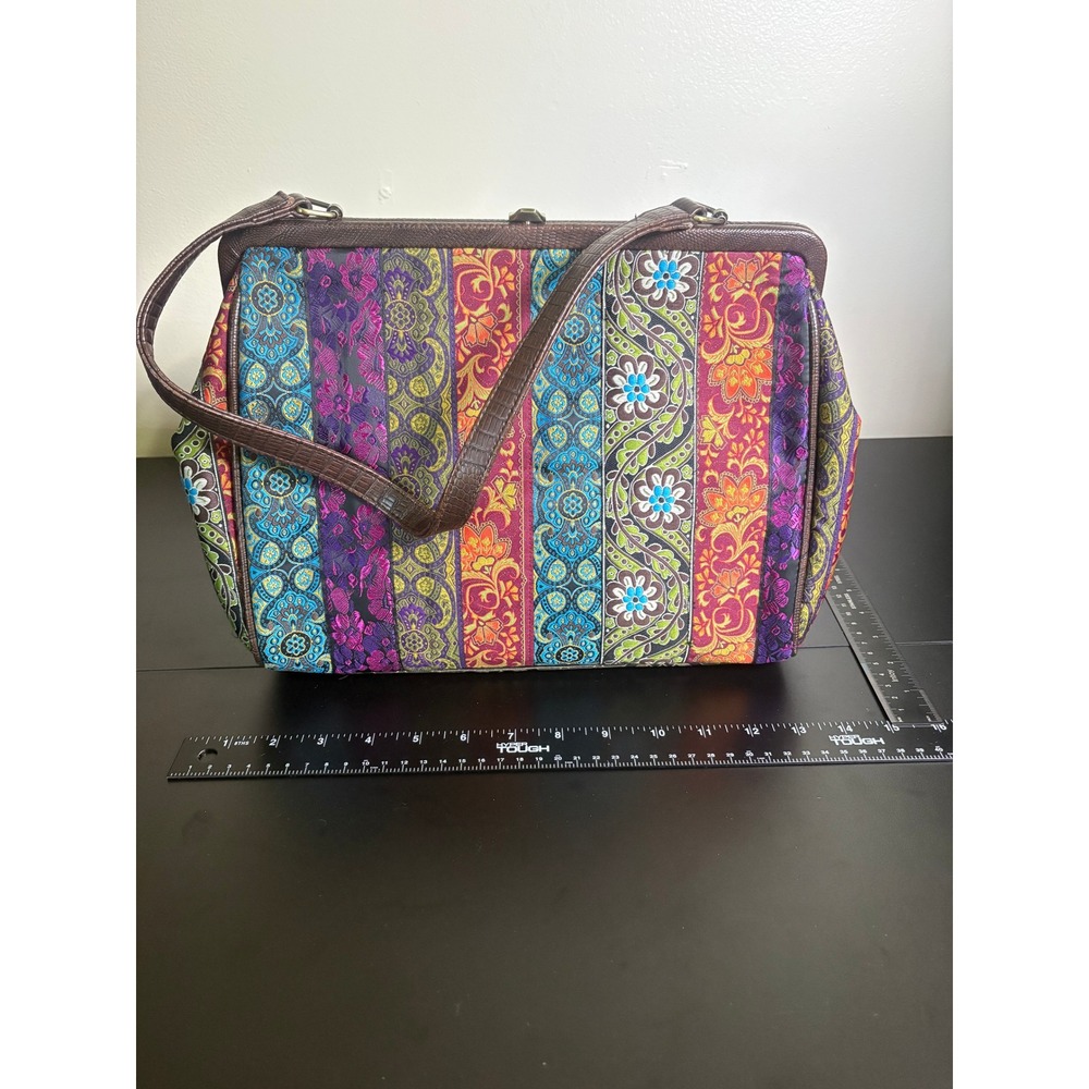 Vintage Tapestry Doctor Bag Floral Paisley Kiss Lock Frame Satchel Brown Trim